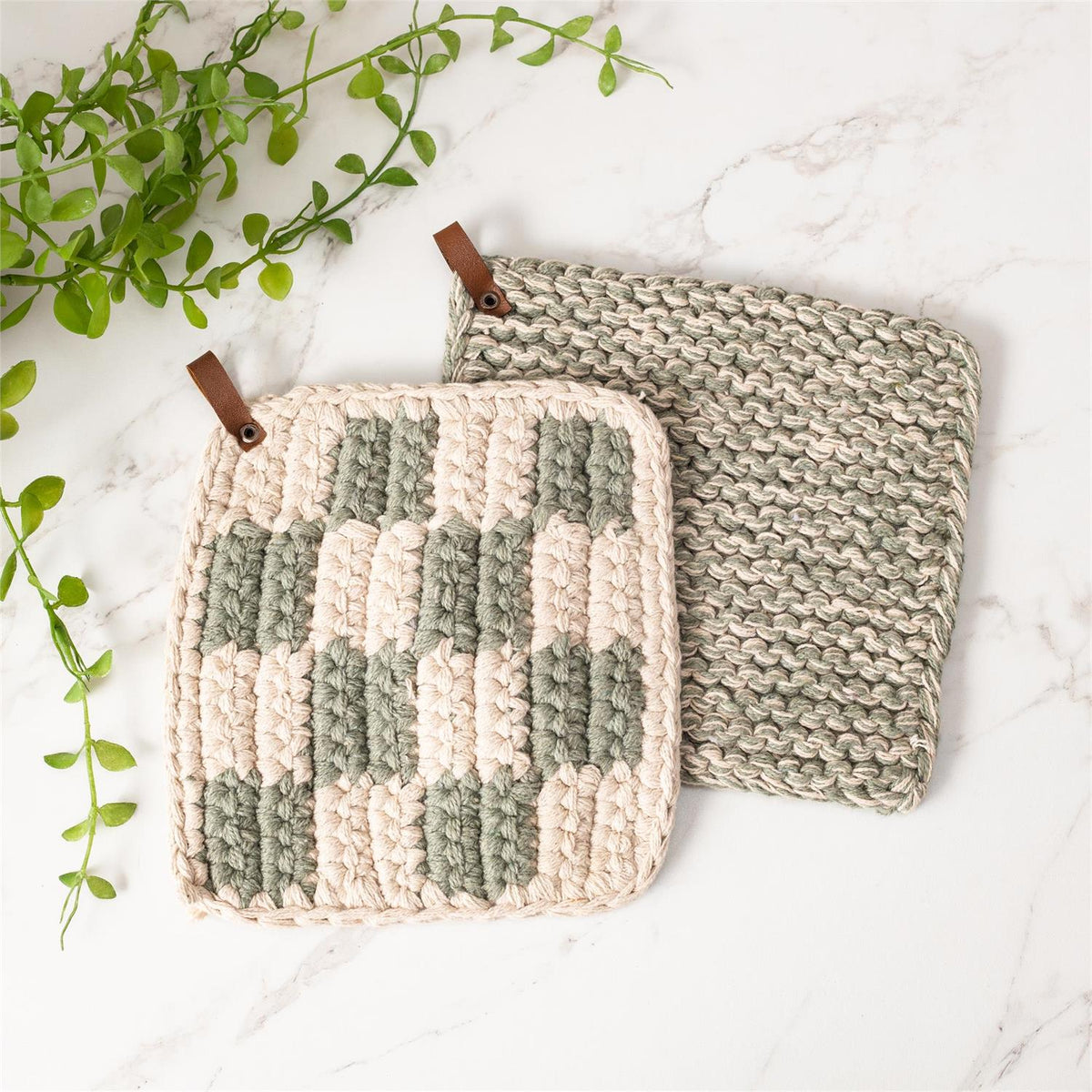 Knit Pot Holder, Sage & Cream