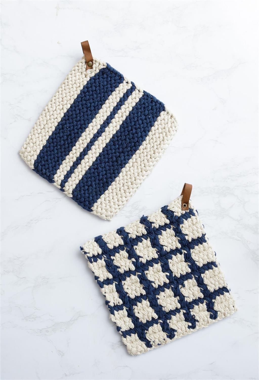 Knit Pot Holders, Navy & Cream - The Brass Bee