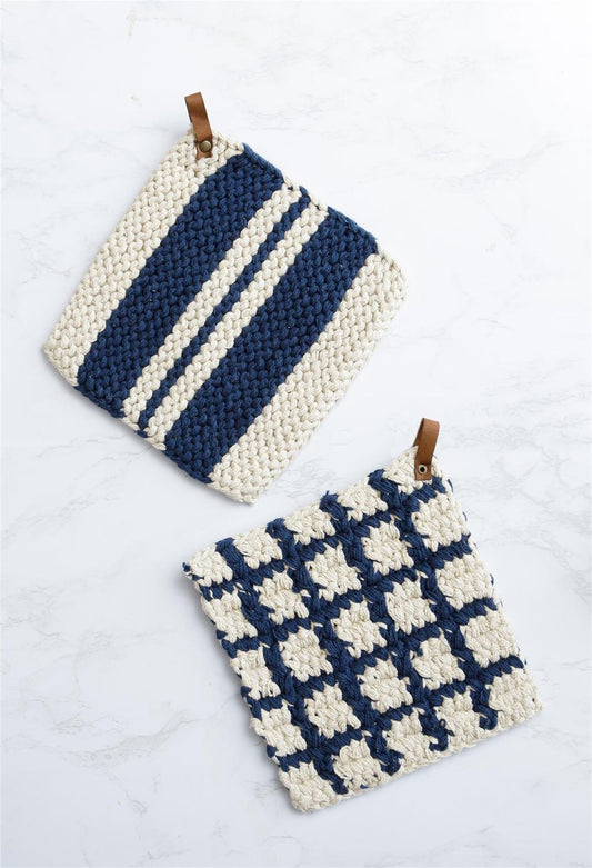 Knit Pot Holders, Navy & Cream - The Brass Bee
