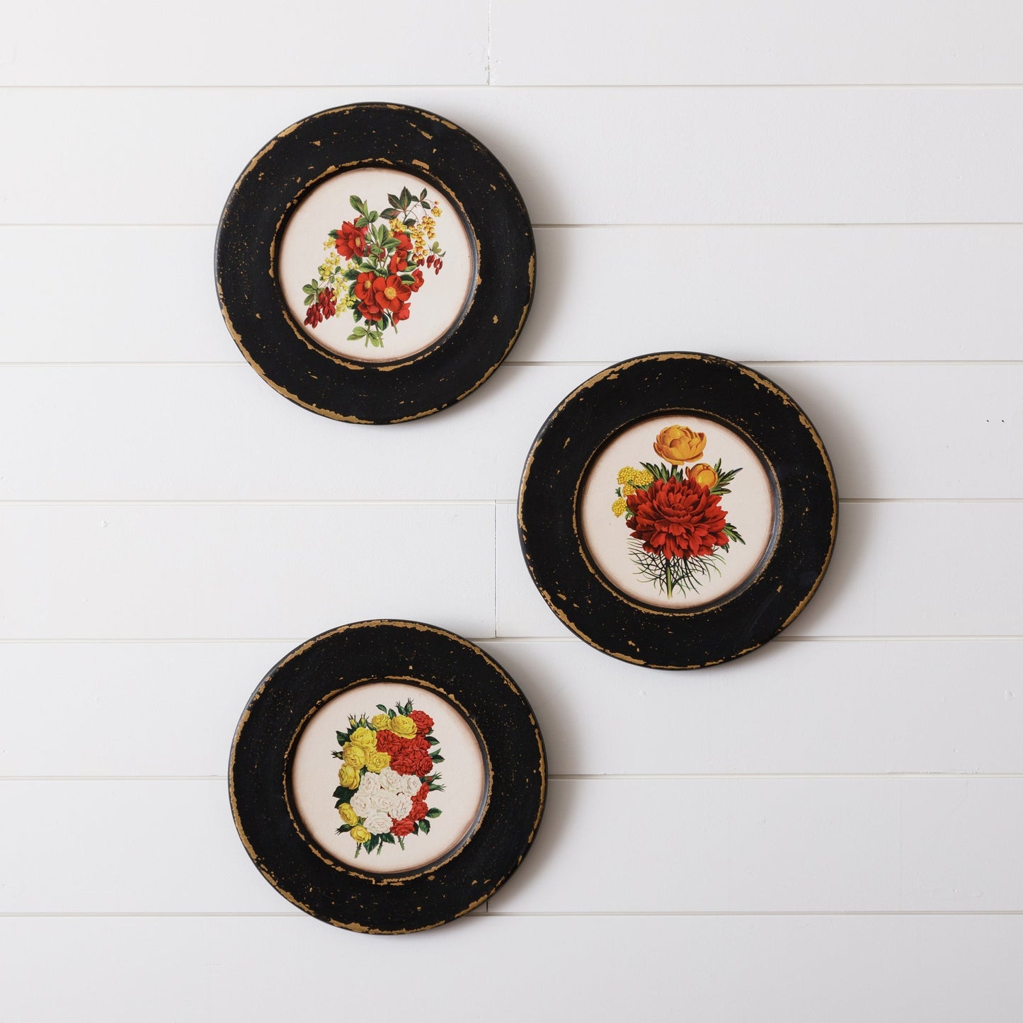 Assorted Flower Wooden Plate Hanging Trio - The Brass Bee