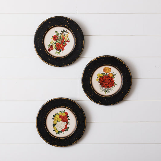 Assorted Flower Wooden Plate Hanging Trio - The Brass Bee