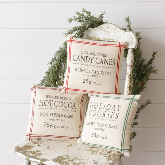 Grain Sack Pillows - Hot Cocoa, Candy Canes, Cookies - The Brass Bee