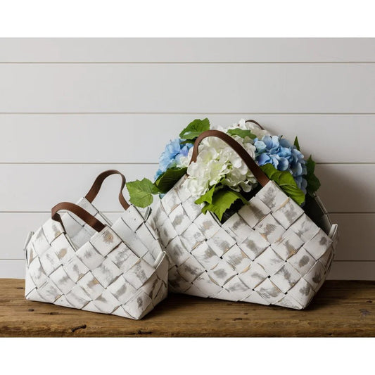 Whitewash Chipwood Basket With Leather Handle