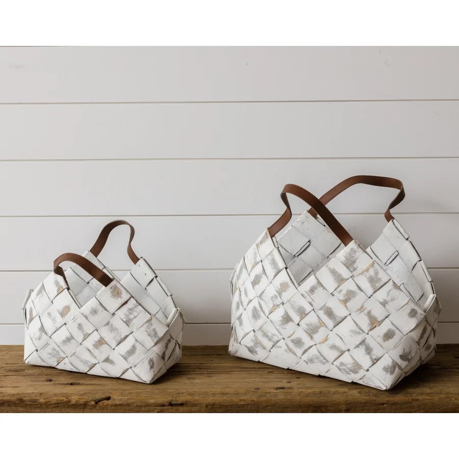 Whitewash Chipwood Basket With Leather Handle