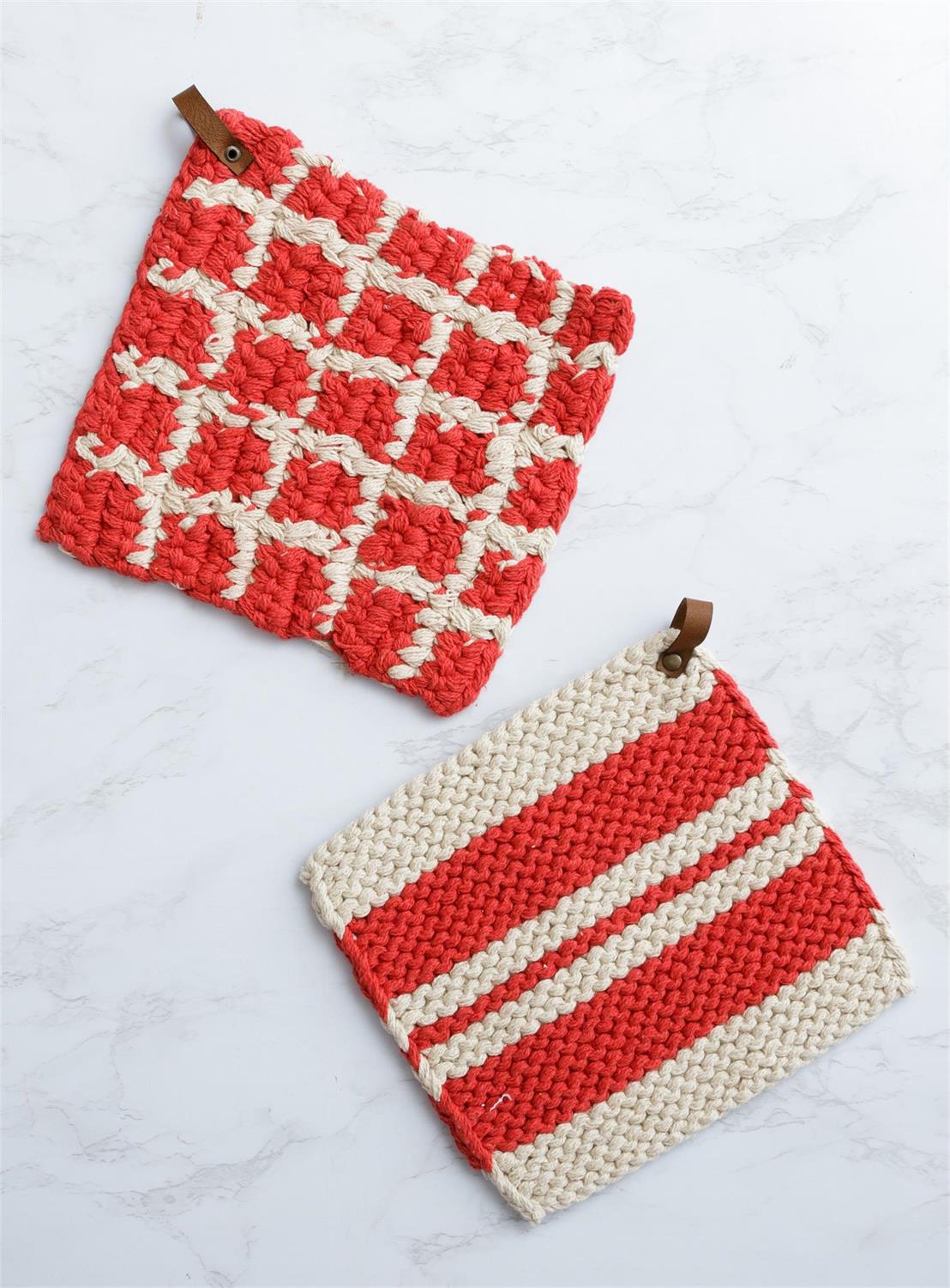 Knit Pot Holders, Red & Cream - The Brass Bee