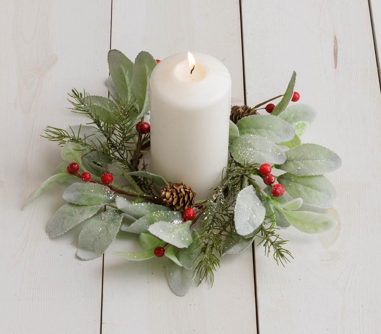 Candle Ring - Glittered Lambs Ear, Berries and Pinecones - The Brass Bee