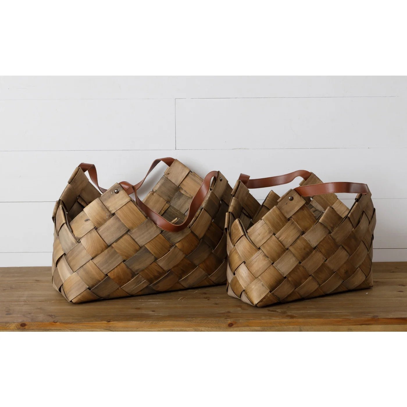 Chipwood Basket with Leather Handles - The Brass Bee