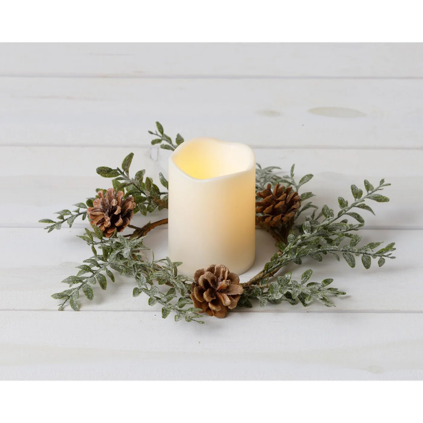 Frosted Boxwood Candle Ring - The Brass Bee