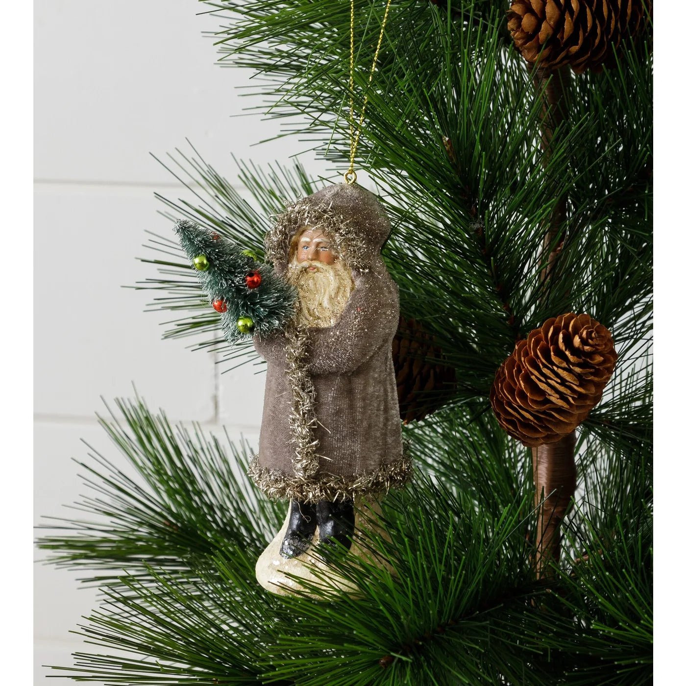 Grey Belsnickle Santa Holding Tree Ornament - The Brass Bee