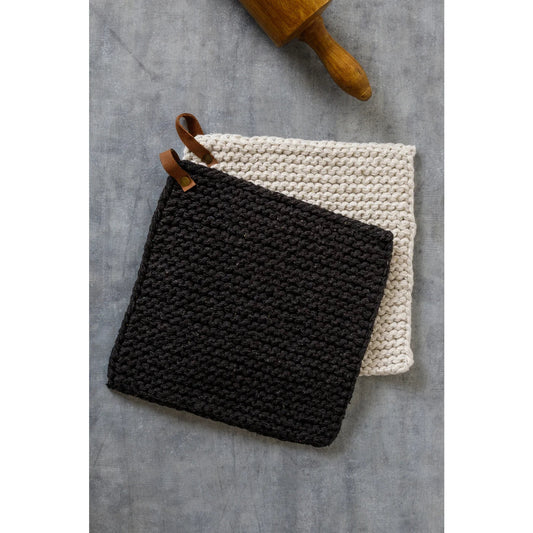 Knit Pot Holders, Black & Cream - The Brass Bee