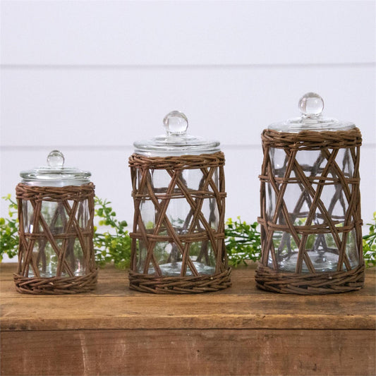 Wicker Wrapped Glass Canister Set - The Brass Bee